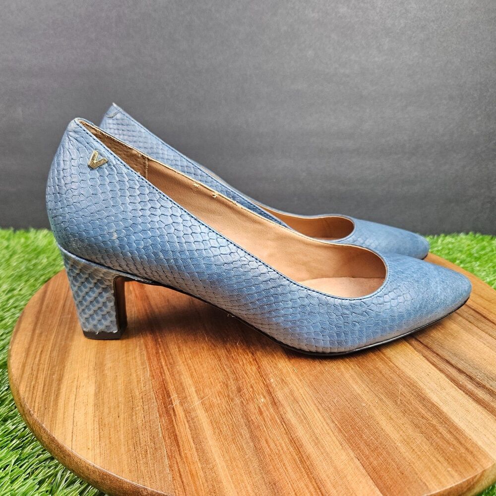 Vionic Mia Shoes Womens 8 Blue Leather Pumps Snakeskin Block Heel Comfort
